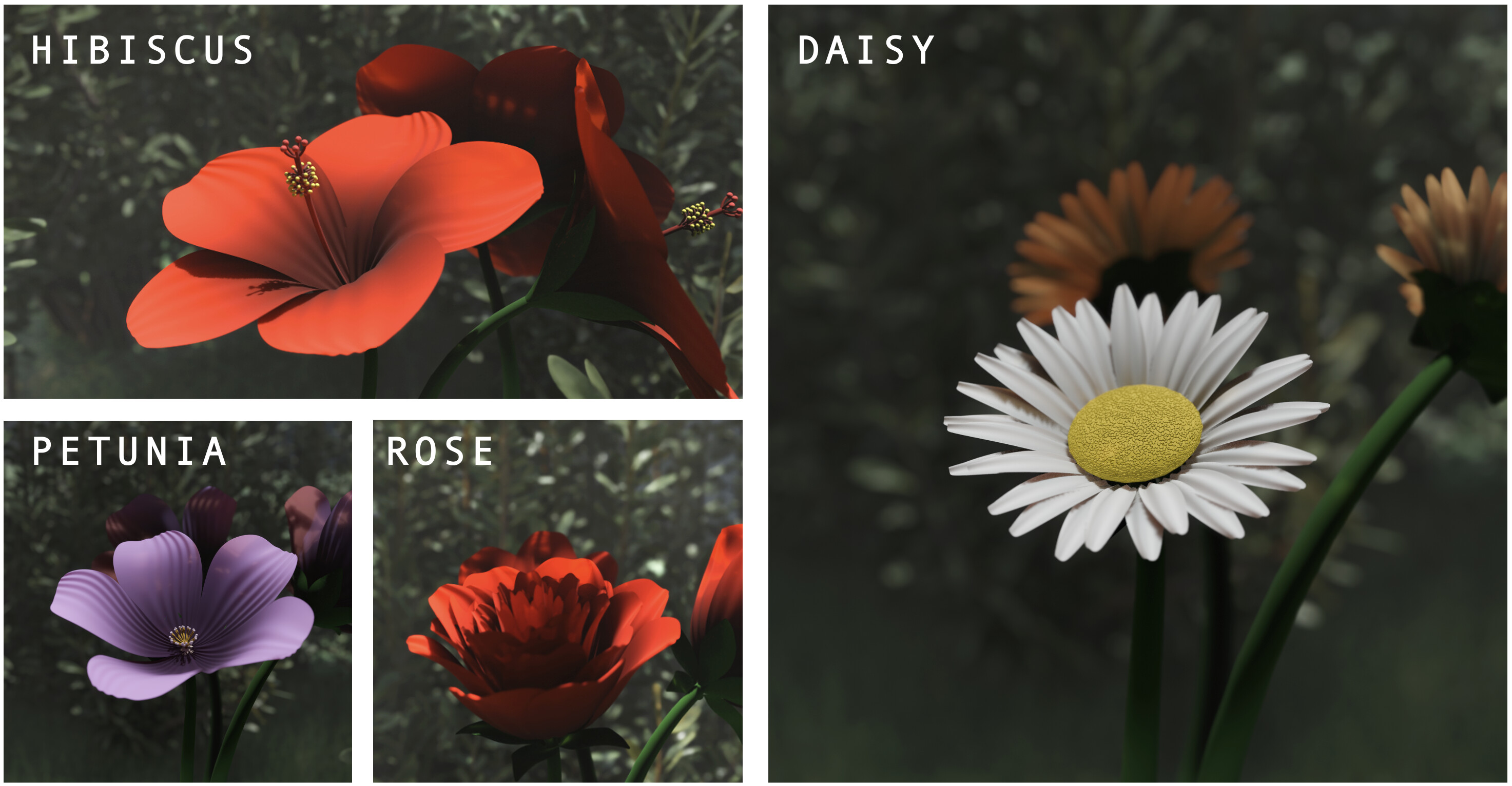 Collection of flowers modelled in Blender